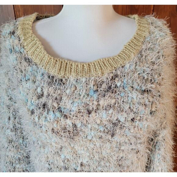 Lauren Michelle Women L Blue Green Fuzzy Pom Pom Sweater Knit Shimmer Lurex Cozy - Picture 1 of 10